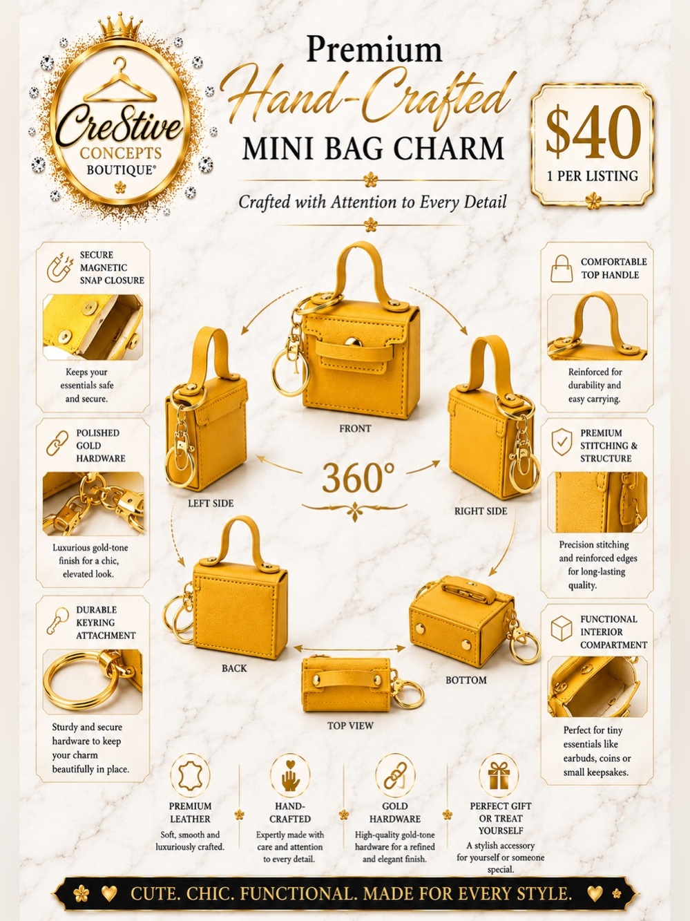 Mini Hand-Crafted Bag Charm Keychain – Yellow Gold Hardware - Picture 7 of 7